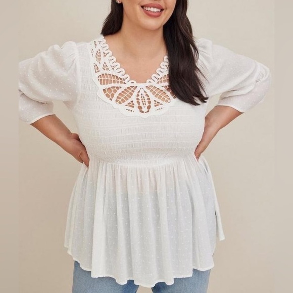 Torrid women’s white Babydoll Clip Dot Gauze With Crochet Detail casual Top 1X